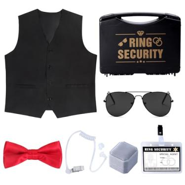 Imagem de Keymall Conjunto de acessórios para porta-alianças de casamento, 7 peças, caixa de segurança, colete, crachá, sombras, gravata borboleta para meninos, Conjunto um, Child Size