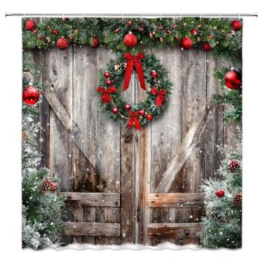 Imagem de KTGHA Cortina de chuveiro rústica de Natal, folhas de pinheiro, bolas, guirlanda, porta de celeiro, casa de fazenda, tecido de poliéster de inverno nevado, conjunto de decoração de banheiro com