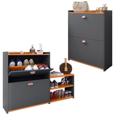 Imagem de Kit Sapateira Milano Closet Prateleira Organizadora Calçados Banquinho Hall Entrada Gaveta Basculante Cinza/Cinamomo - Lojas RPM