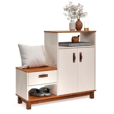 Imagem de Sapateira Com Banco Organic 3 Portas Pés De Madeira Maciça Off White/Freijo
