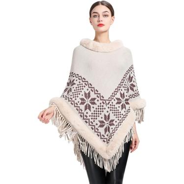Imagem de Casaco De Capa De Inverno Feminino Poho Xale Envoltório Guarnição De Pele Falsa De Luxo Gola Redonda Sem Mangas Padrão Geométrico Borla Tricô Suéter Pulôver, Beige, One Size