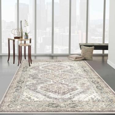 Imagem de KUTA Tapete de área 10 x 15 cm para sala de estar, tapetes laváveis oriental envelhecido tribal cinza marfim amarelo marrom, tapete antiderrapante para sala de jantar, macio de pelo baixo confortável