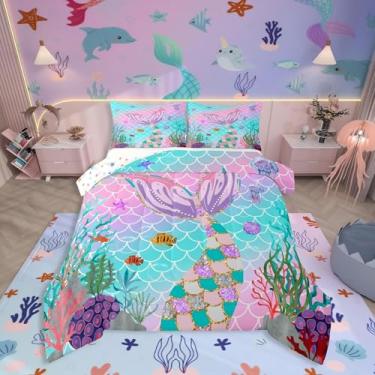 Imagem de Erosebridal Conjunto De Edredom Cauda Sereia, Infantil Com Escamas Peixe, Cama Feminino Arco-Íris, Acolchoado Animais Marinhos, Lantejoulas Azul-Petróleo, Decoração Quarto Rosa Pastel, Multicolorido