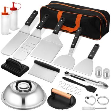 Imagem de Leonyo Kit De Acessórios Para Chapa, 25 Peças, Grelha Plana, Utensílios Comerciais Grelhar Com Espátulas Ampliadas, Tampa Alinhavar, Raspador Metal, Prensa Hambúrguer Smash Churrasco Ao Ar Livre, Ca