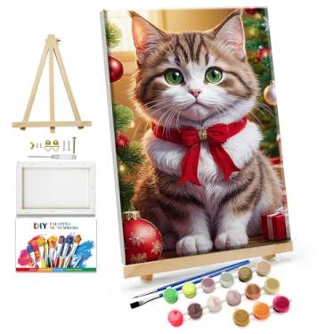 Imagem de JOOZ Kit de pintura por números para adultos com moldura, pintura de gato de Natal por número com cavalete bola de Natal kits de pintura a óleo para adultos com moldura DIY Kits de pintura a óleo para