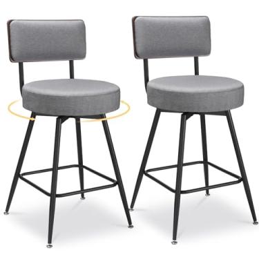 Imagem de Bancos de bar com altura de balcão, 63,5 cm, conjunto de 2 bancos, cadeira de bar giratória redonda, banquetas estofadas de tecido com perna de metal, banco para ilha de balcão de cozinha, cinza