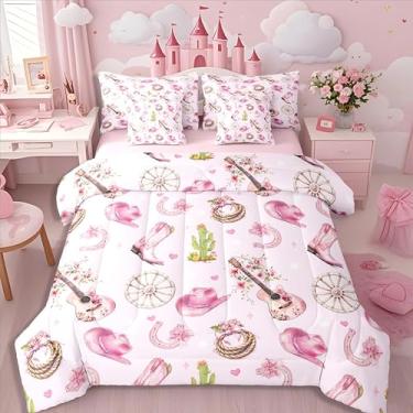 Imagem de Erosebridal Conjunto de cama casal de 7 peças de caubói rosa, rosa, com laço de violão, cacto, para adolescentes, meninas, vintage, chapéu ocidental, flor silvestre em uma bolsa, conjunto de cama de