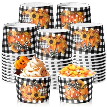 Imagem de Sabary 60 tigelas de papel descartáveis para outono de 255 g de Ação de Graças Copos de Lanche de Papel de Abóbora Tigelas de Sobremesa Búfalo Xadrez Copos de Sopa Colheita de Ação de Graças