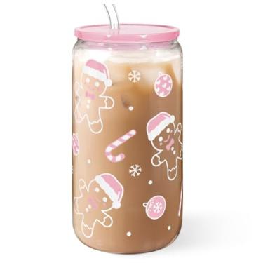 Imagem de Copo de vidro de lata de gengibre de Natal de 473 ml com tampa de acrílico e canudo, xícara de café gelado para mulheres e meninas, copos estéticos presentes para o Natal