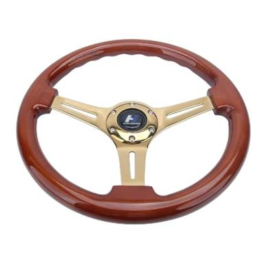 Imagem de HiwowSport Roda de direção de grão de madeira de 35,5 cm, 6 parafusos, 4,5 cm, dourado, cromado, raio, adequado para Acura