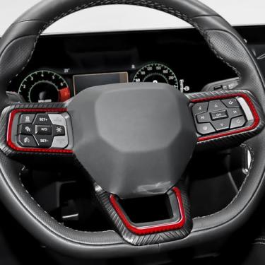 Imagem de BETTERHUMZ Acabamento de moldura de botão de volante de carro compatível com Ford Mustang 2024 2025 adesivo de console central de fibra de carbono acessórios interiores (vermelho)
