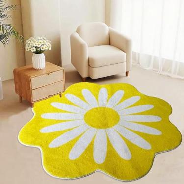Imagem de Tapete redondo amarelo em forma de margarida, tapete circular lavável de 1,2 m, tapete circular floral antiderrapante para quarto, banheiro, entrada, quarto de crianças, escritório, dormitório