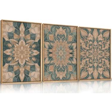 Imagem de HLNIUC Conjunto de 3 arte de parede de flor de mandala grande, decoração de parede com moldura botânica escandinava verde (61 x 91), tela de arte popular norueguesa, impressão de planta vintage