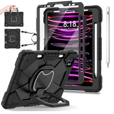 Imagem de Capa Para iPad Pro 11", para iPad Air 4ª e 5ª Geração 10,9", Case Anti Impacto com Suporte para Pencil, Com Alça de Ombro (Preto, Com Caneta Touch e Película de Vidro)