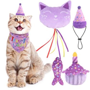 Imagem de BINGPET Brinquedos de aniversário de gato para gatos em ambientes internos, chapéu de aniversário de gato, bandana e bolo de aniversário de gato, brinquedos interativos de pelúcia para mastigar, peixe