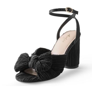 Imagem de Ankis Sapatos de casamento grossos de salto com laço em ouro branco para noiva 8 cm salto alto bico aberto tira fivela no tornozelo elegante plissado Kont sapato feminino festa formatura evento verão