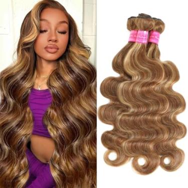 Imagem de Feixes de cabelo humano Ombre Highlight P4/27 onda corporal 3 feixes (26 28 30) 100% cabelo humano virgem brasileiro não processado ondulado cachos coloridos podem ser tingidos para mulheres