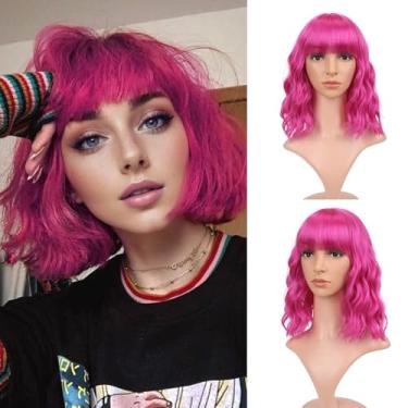 Imagem de FAELBATY Perucas Curtas Curtas Onduladas Rosa Quente com Franja de Ar Peruca de Comprimento do Ombro para Mulheres Fantasia Sintética de Halloween Cosplay para Meninas (30 cm Rosa Choque)