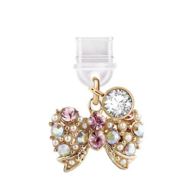 Imagem de ELISE & FONDA TP828 Tipo-C porta de carregamento antipoeira pequeno arco de cristal pingente de celular para iPhone 15/16/Samsung/OnePlus/Xiaomi/oppo telefones Android (rosa)