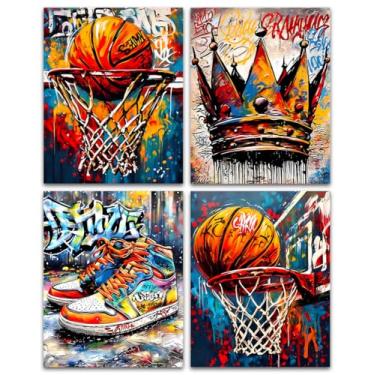 Imagem de Arte de parede em tela de grafite de basquete, grafite abstrato para decoração de parede adolescente, fotos de tênis de basquete, pôsteres para decoração de quarto de meninos adolescentes, conjunto de