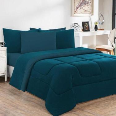 Imagem de Kit Edredom + Jogo De Lençol Malha 100% Algodão 7 Peças King - Azul Pe