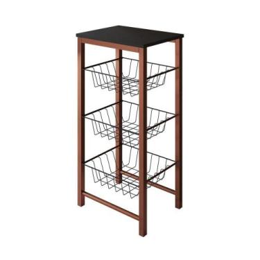 Imagem de Fruteira De Chão Cozinha Montada Aço Cobre Cesto Preto Tampo Preto Rom