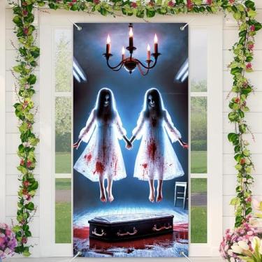 Imagem de BlissYard Faixa assustadora de gêmeos assombrados para porta de Halloween 89 x 189 cm, decoração assustadora de fantasma de menina sangrenta com cena de caixão para exibição de festa de outono