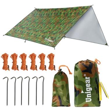 Imagem de Unigear Lona impermeável para barraca de rede Rainfly, proteção UV e poliuretano 3000 mm à prova d'água, leve para acampamento, mochila e aventura ao ar livre (verde camuflado, 3 x 3 m)