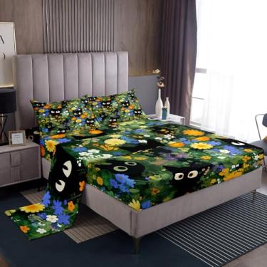 Imagem de jejeloiu Jogo de lençol casal com desenho fofo de gato preto, flores, flores, kawaii, animais e adolescentes, lençol com elástico para decoração de quarto