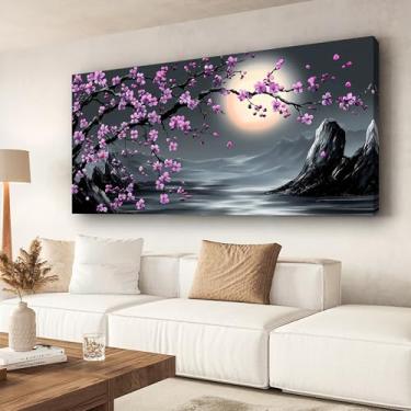 Imagem de Pintura a óleo de flor de cerejeira noturna iluminada pela lua, decoração de parede grande, arte moderna, moldura interna de madeira, impressão de fotos em tela de alta resolução, sala de estar