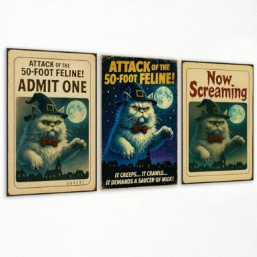 Imagem de Arte de parede em tela de gato de Halloween, 3 peças, pôster estético de filme de terror gato bruxo gigante, Ataque do felino de 50 pés, impressão engraçada de citação agora gritando bruxa de