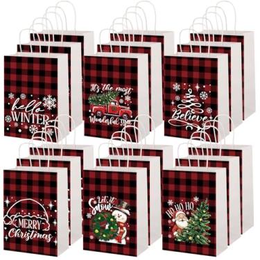 Imagem de SilTriangle 36 peças de lembrancinhas de festa de Natal, sacolas de brindes, árvore de Natal, Papai Noel, vermelho e preto, buffalo, xadrez, para doces e floco de neve, papel de embrulho para