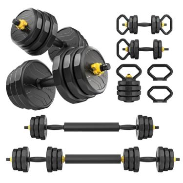 Imagem de FEIERDUN Halteres ajustáveis – Conjunto multifuncional de peso livre de 30,8 kg, treinamento com pesos 4 em 1: barra, kettlebells, suporte push-up para homens e mulheres