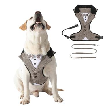 Imagem de HDKUW Arnês de smoking para cães, arnês ajustável para animais de estimação sem puxar para cães pequenos e médios, terno de casamento para cães com gravata borboleta fantasia de festa marrom listrado