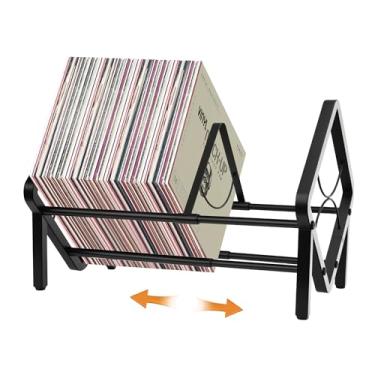 Imagem de LANXGNAN Rack de armazenamento de disco de vinil ajustável, aço carbono preto, expansível de 33 a 56 cm de largura, suporte de exibição de balcão, comporta 60-110 LPs