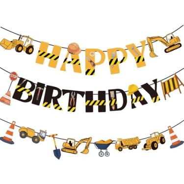 Imagem de Conjunto de 3 peças de materiais para festa de aniversário - Banner de escavadeira de feliz aniversário, decorações para crianças, meninos, tema de construção, lembrancinhas de festa, celebrações de