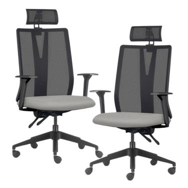 Imagem de Kit 2 Cadeiras Escritório Giratória Presidente Flow F02 Base Preta Crepe Cinza - Lyam Decor