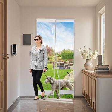 Imagem de Cortina de porta de plástico com isolamento magnético e 3 trilhos para deslizar livremente e alternar, evita que o ar frio/calor CA escape, adequado para pátio/varanda. Tamanho da tela: 90 cm x 200 cm