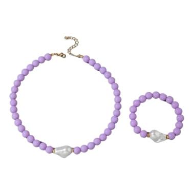 Imagem de HWJQ Colar de contas redondas coloridas conjunto de joias irregulares barrocas colar de pérolas gargantilha contas de acrílico pulseira elástica para mulheres, Middle, Acrílico, Sem Pedra Preciosa