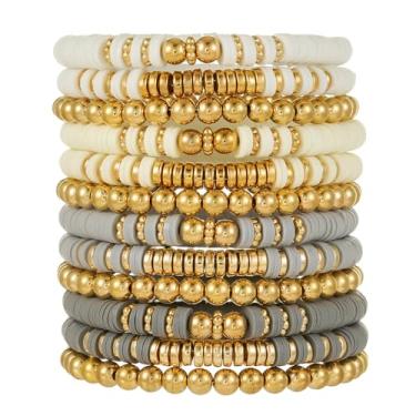 Imagem de HYHONEY Pulseiras de amizade com contas Heishi pulseiras fofas pulseiras de vinil argila disco contas surfista elástico verão praia pulseiras para mulheres, One Size, Pedra, argila