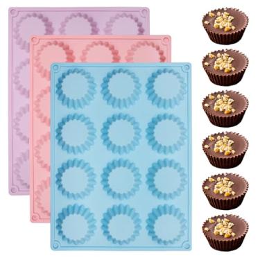 Imagem de Formas de silicone para copo de manteiga de amendoim, pacote com 3, bandejas antiaderentes para fazer chocolate doce com 12 cavidades para geleia de pudim de brownie