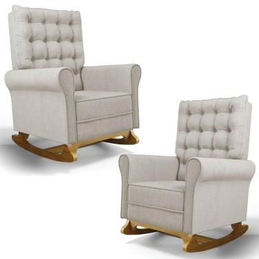 Imagem de Kit 02 Poltronas de Amamentação e Descanso Base Madeira Balanço Brenda G05 Linho Bege - Mpozenato