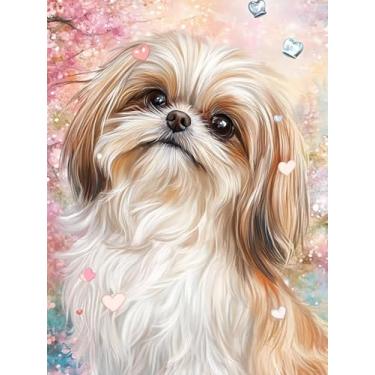 Imagem de YL Mainland Kit de pintura de diamante de cachorro Shih Tzu DIY 5D para adultos, flores de cerejeira, diamante, broca, diamantes redondos, decoração de casa, quarto, arte de parede, presente para