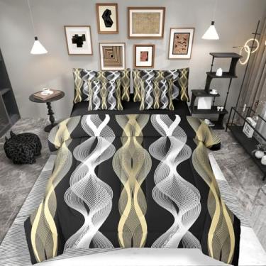 Imagem de Erosebridal Jogo de cama de 7 peças, listrado, prata e ouro, geométrico, listrado, para decoração de quarto de arte moderna, decoração de quarto para meninas adolescentes, preto e geométrico, Queen