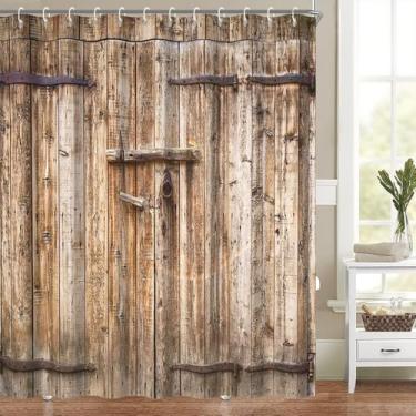 Imagem de Cortina de chuveiro rústica para porta de celeiro para banheiro vintage country tábua de madeira fazenda cortina de chuveiro de madeira marrom porta de garagem conjunto de banheiro decoração lavável