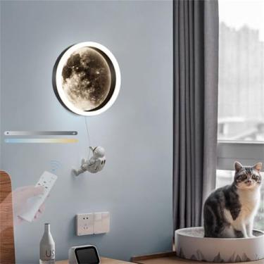 Imagem de Luminária de parede LED interna de lua com controle remoto, luminária de parede redonda de desenho animado de astronauta, tricolor, regulável, decoração criativa de cabeceira, luminária de p