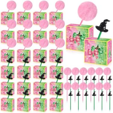 Imagem de Capoda 48 peças de lembrancinhas de festa de bruxa e princesa, incluindo 24 caixas de doces rosa e verde, 24 canetas de chapéu de bruxa e canetas pompom de princesa, conjunto de presentes para