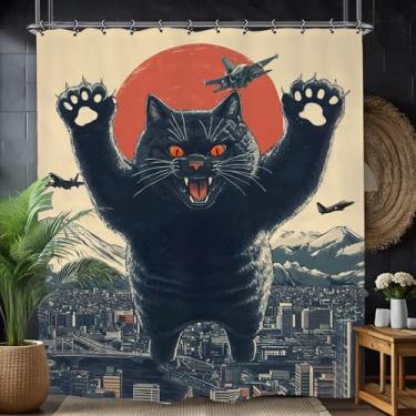 Imagem de Yookeb Cortina de chuveiro de banheiro de gato preto engraçado 152 cm por 188 cm de altura, engraçado, animal legal, tecido de poliéster japonês, 12 ganchos de plástico, decoração à prova d'água