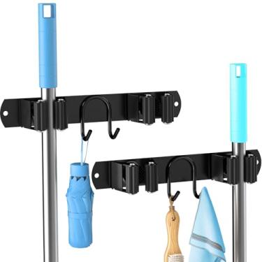 Imagem de AURIKAR Suporte de parede para vassoura, pacote com 2 organizadores de esfregão e vassoura de aço inoxidável, cabide de vassoura com 2 compartimentos, 1 gancho para cozinha doméstica, garagem, jardim