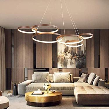 Imagem de Luminária pendente LED regulável, moderna, criativa, marrom, 6 anéis, lustre, mesa de jantar, luminária suspensa, sala de estar, quarto, sala de jantar, iluminação de teto, luminária de teto
